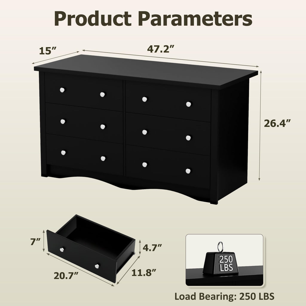 Black 6 Drawer Wood Dresser Q617