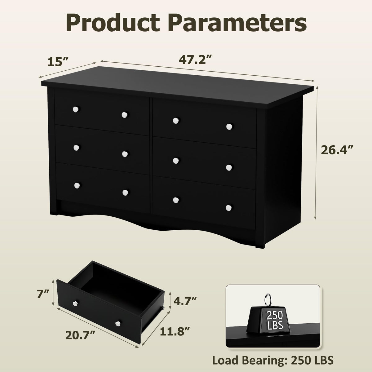 Black 6 Drawer Wood Dresser Q617