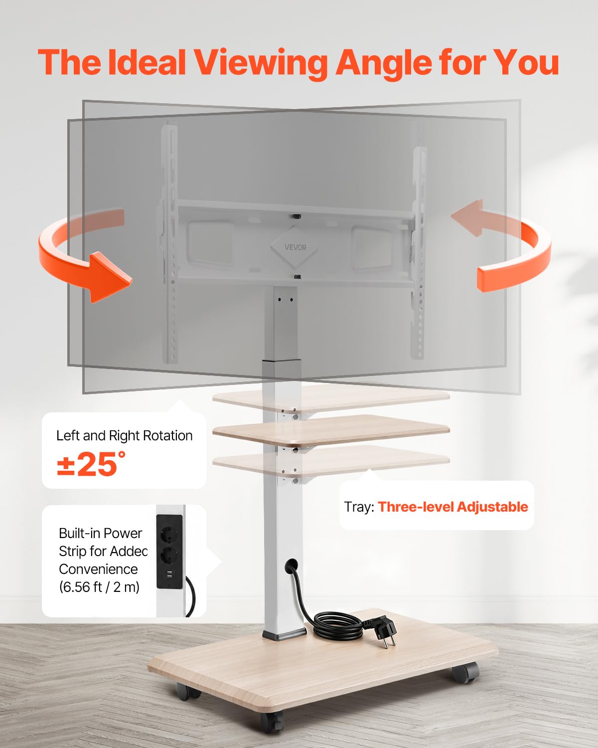 Rolling TV Stand for 32-70 Inch Screens, Height Adjustable with Tray E44940