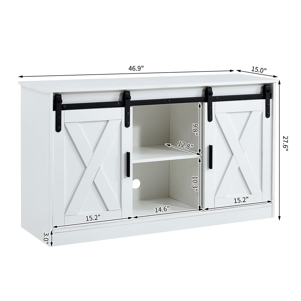 White Farmhouse TV Stand with Sliding Barn Door and Storage Cabinets A373