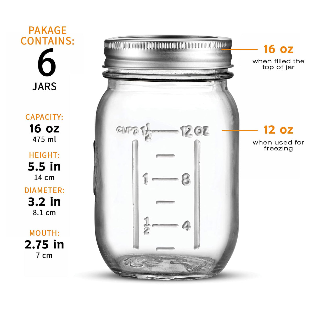 16 Oz 6 Pack Regular Mouth Mason Jars N421552