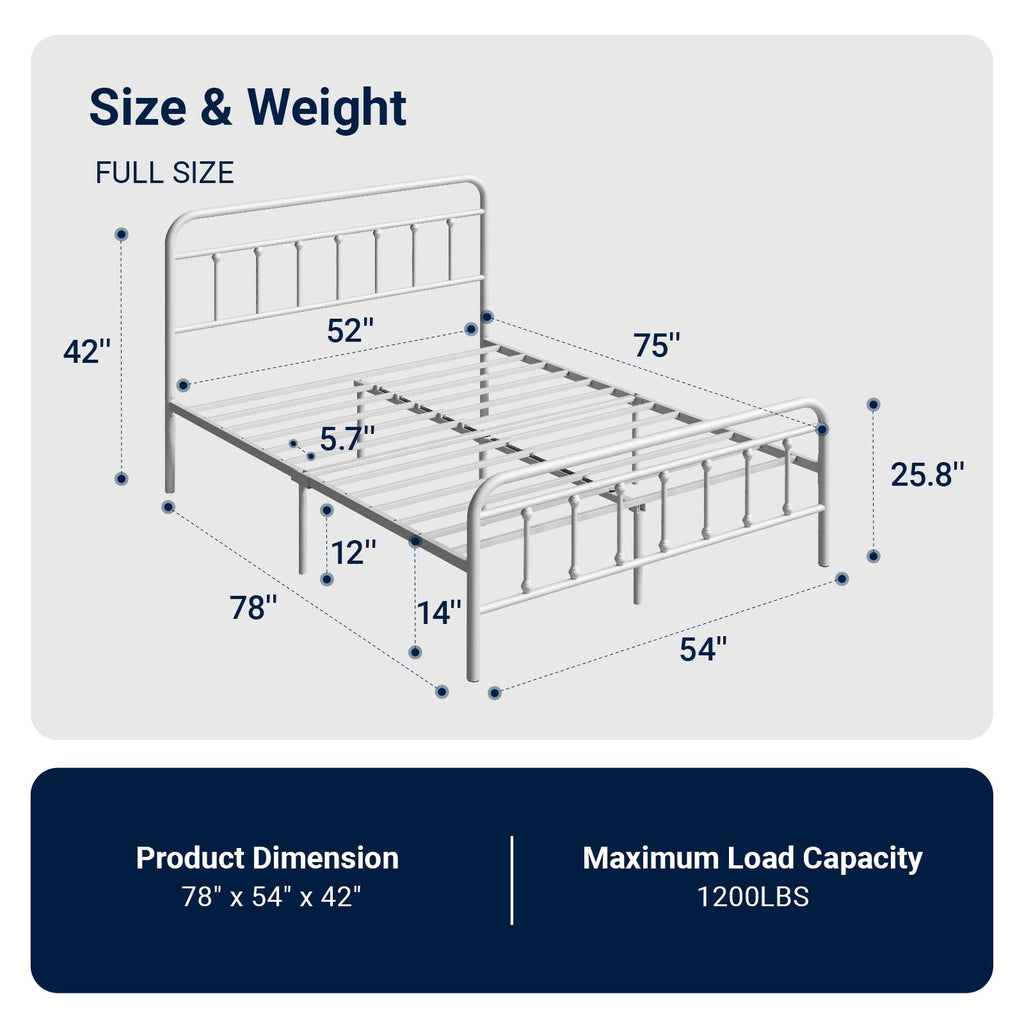 Full Size White Metal Platform Bed Frame with Headboard O537005