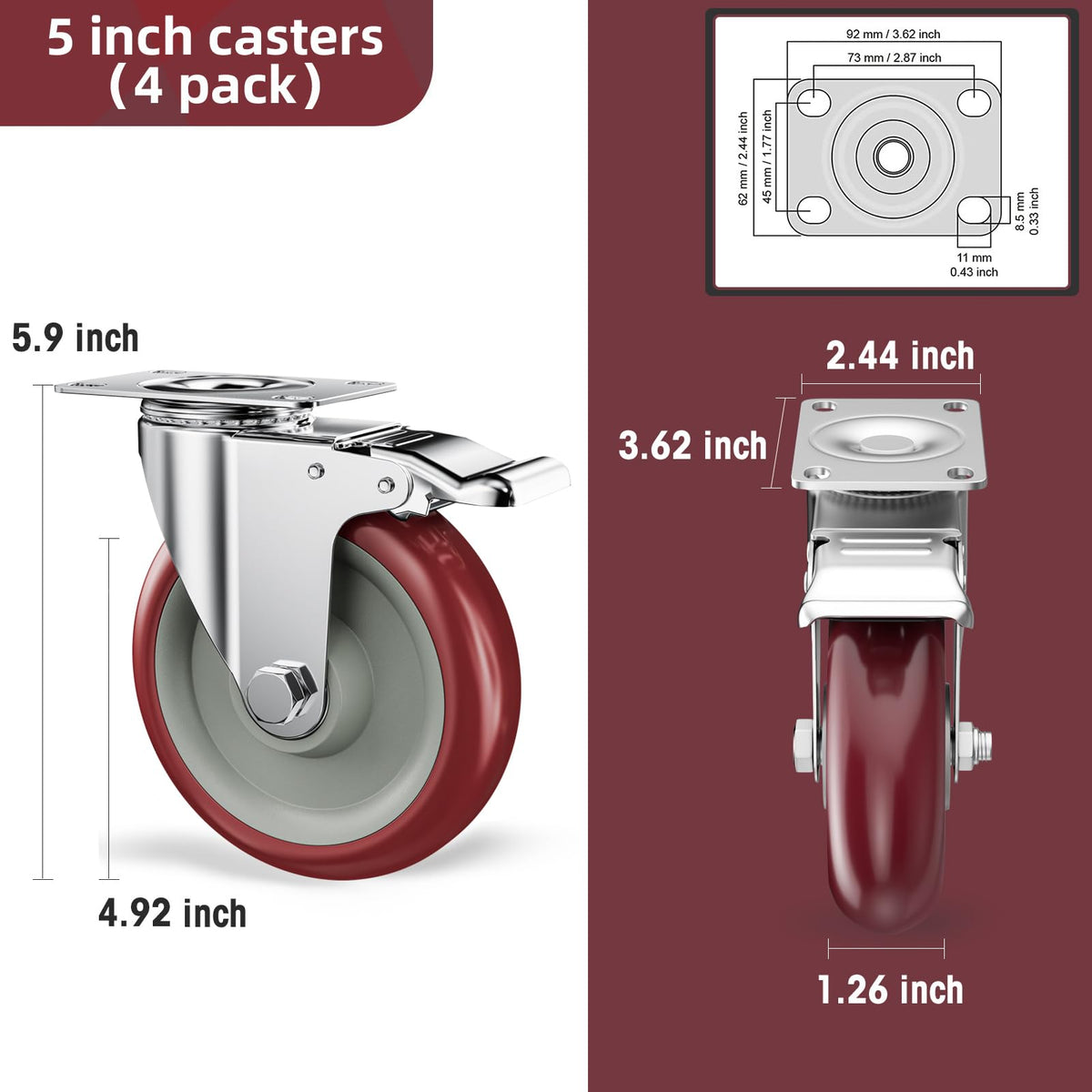 5" Heavy Duty Plate Casters with Brake, Set of 4 B209475