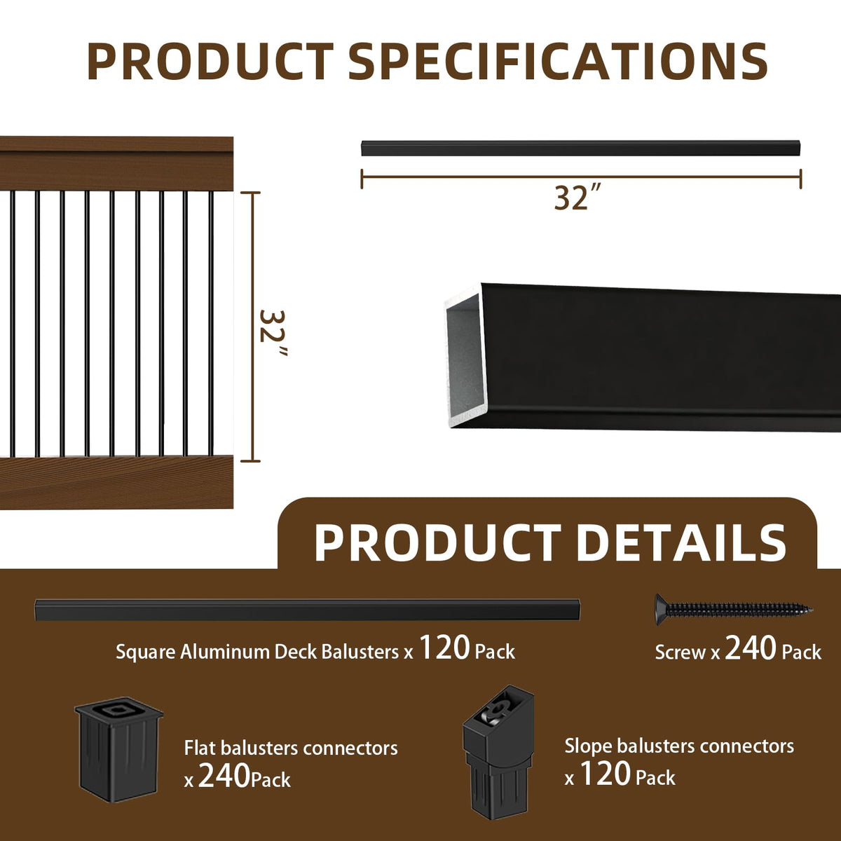 120 Pack 32" Black Aluminum Deck Balusters F740361