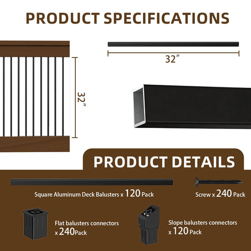 120 Pack 32" Black Aluminum Deck Balusters F740361