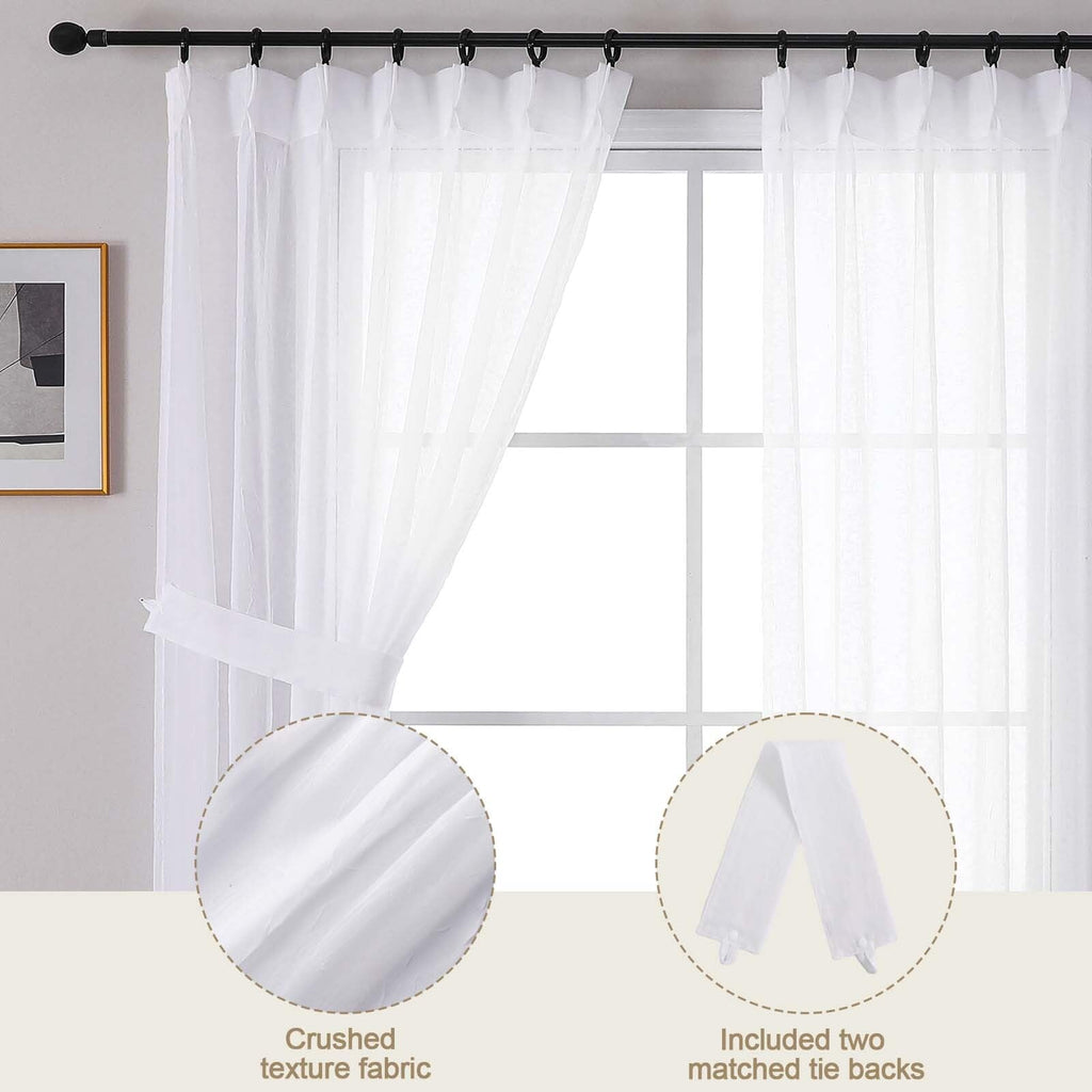 White Sheer Pinch Pleated Curtains 96 Inches 2 Panels O707