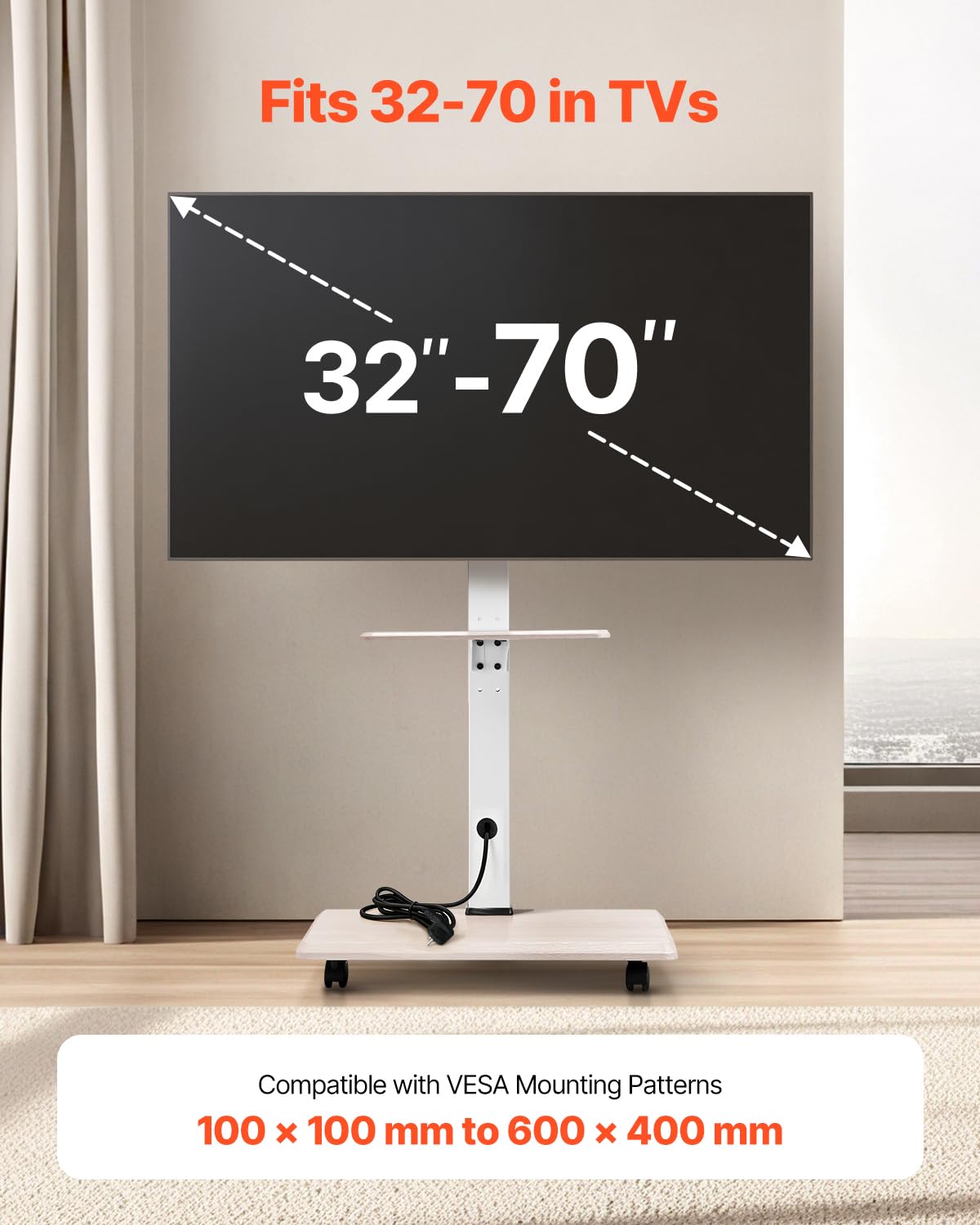 Rolling TV Stand for 32-70 Inch Screens, Height Adjustable with Tray E44940