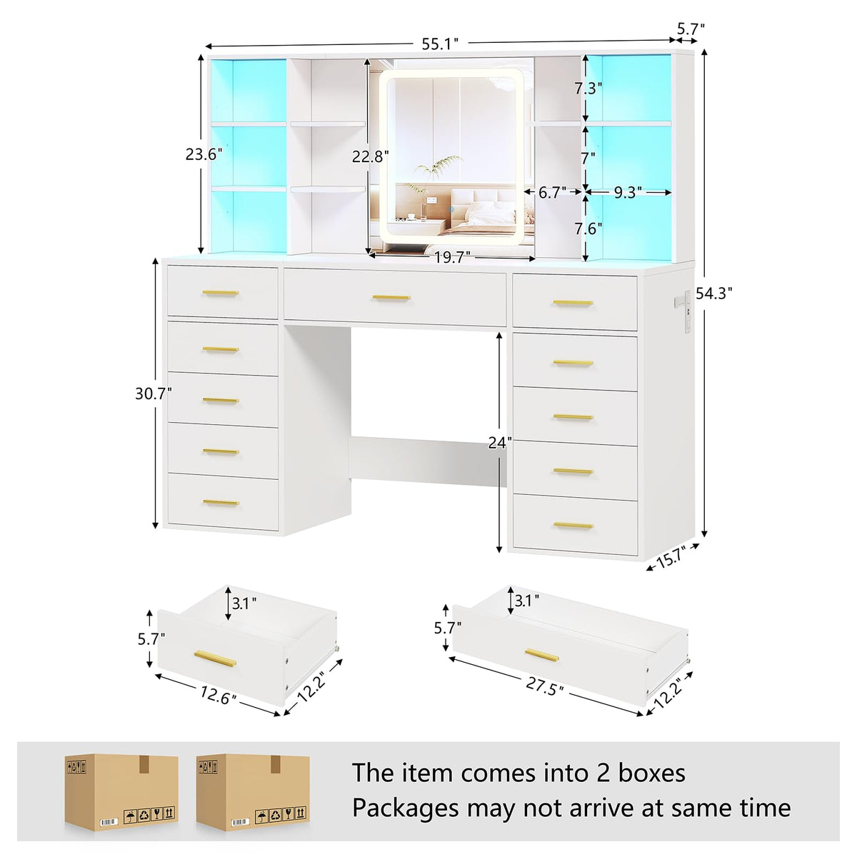 55" Extra-Wide White Makeup Vanity Desk with Lighted Mirror & 11 Drawers K997