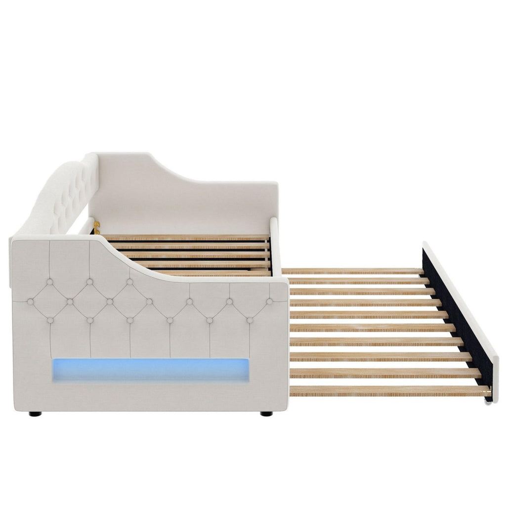 White Twin Size Linen Upholstered Daybed with Trundle B21457