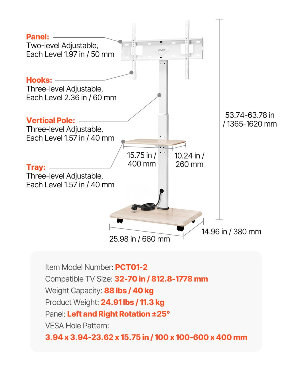 Rolling TV Stand for 32-70 Inch Screens, Height Adjustable with Tray E44940