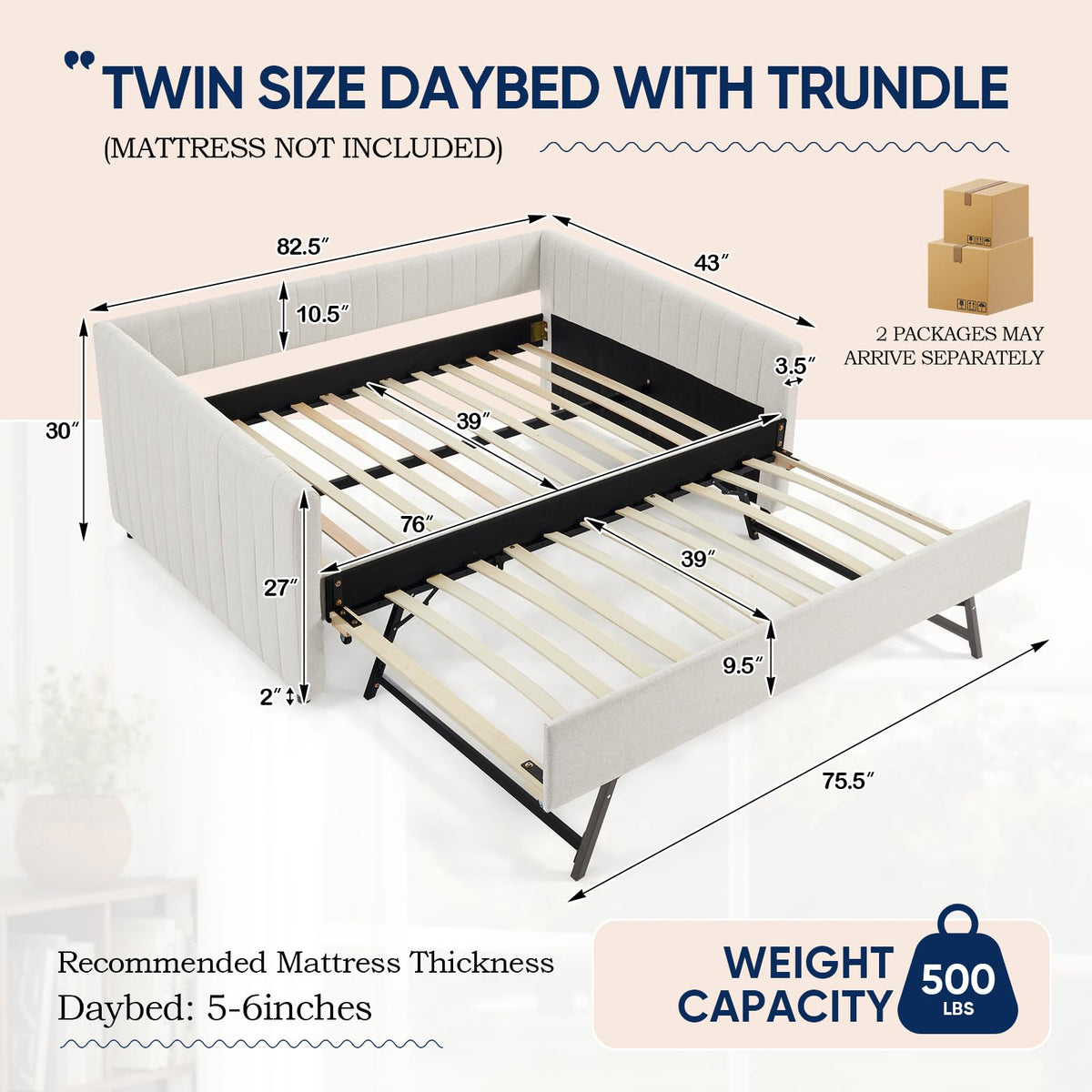 Beige Linen Twin Size Daybed with Trundle Z1891