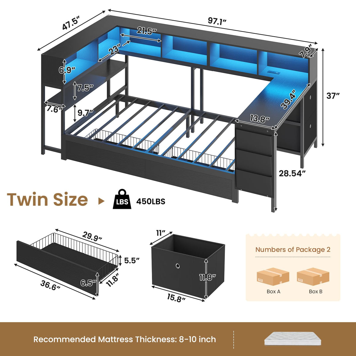 Black Twin Size Corner Bed Frame with Desk and Storage Y6786