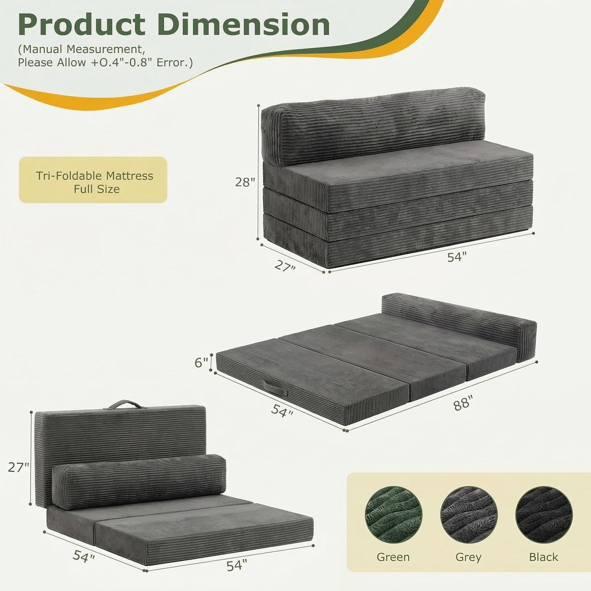 6 inch Tri-Folding Full Size Grey Mattress Y4109