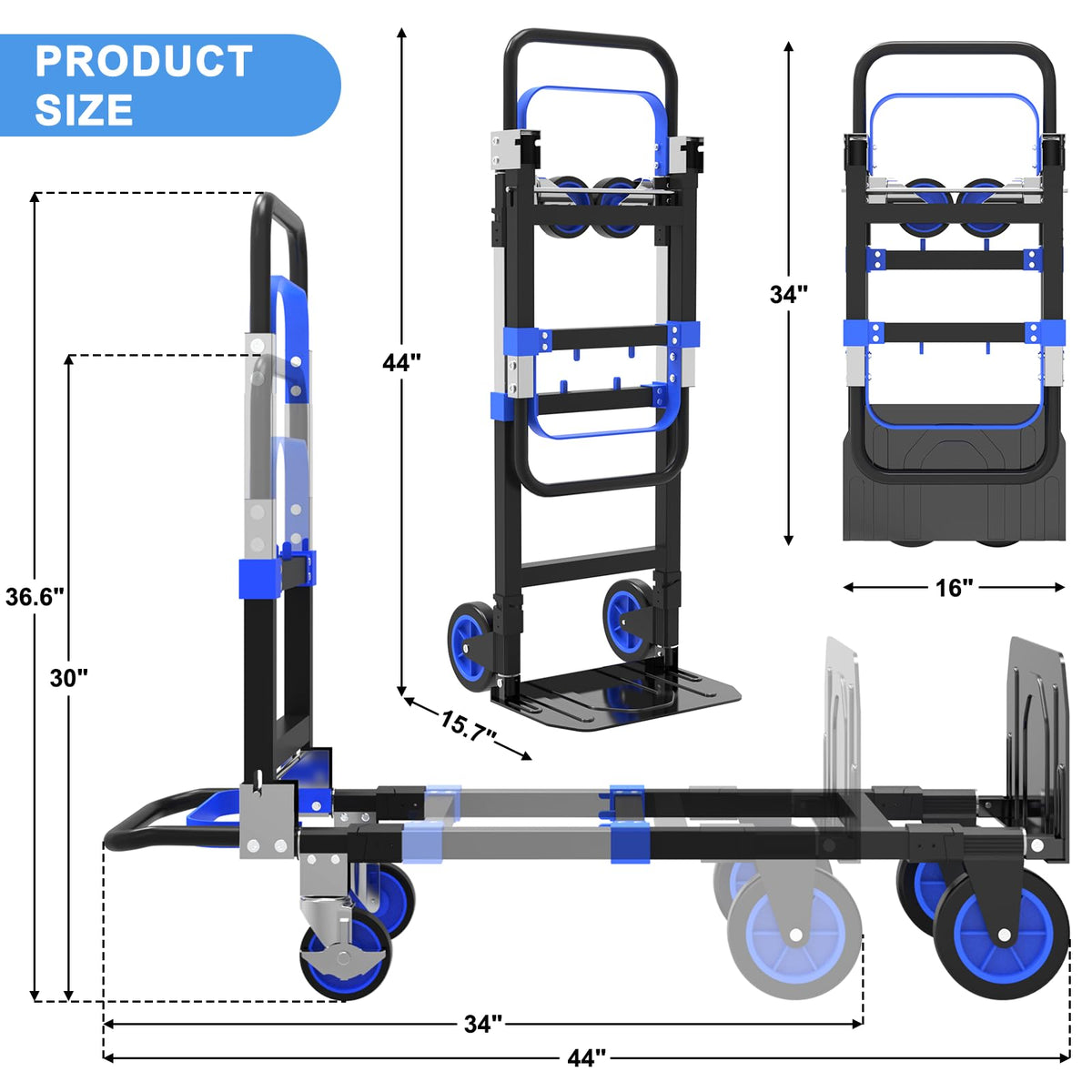 3-in-1 Folding Heavy Duty Hand Truck Dolly Cart Trolley with Wheels (Blue) R6695