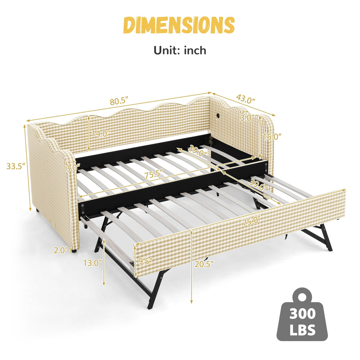Twin Size Gingham Daybed with Trundle and USB Ports X920