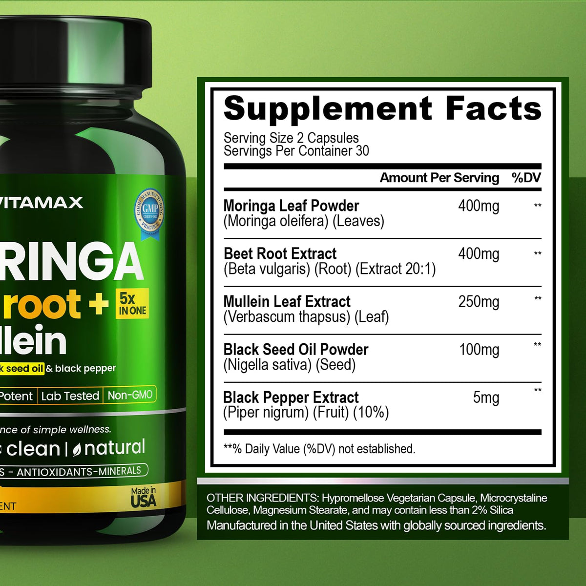 Moringa Beet Root Mullein Leaf Capsules I94083