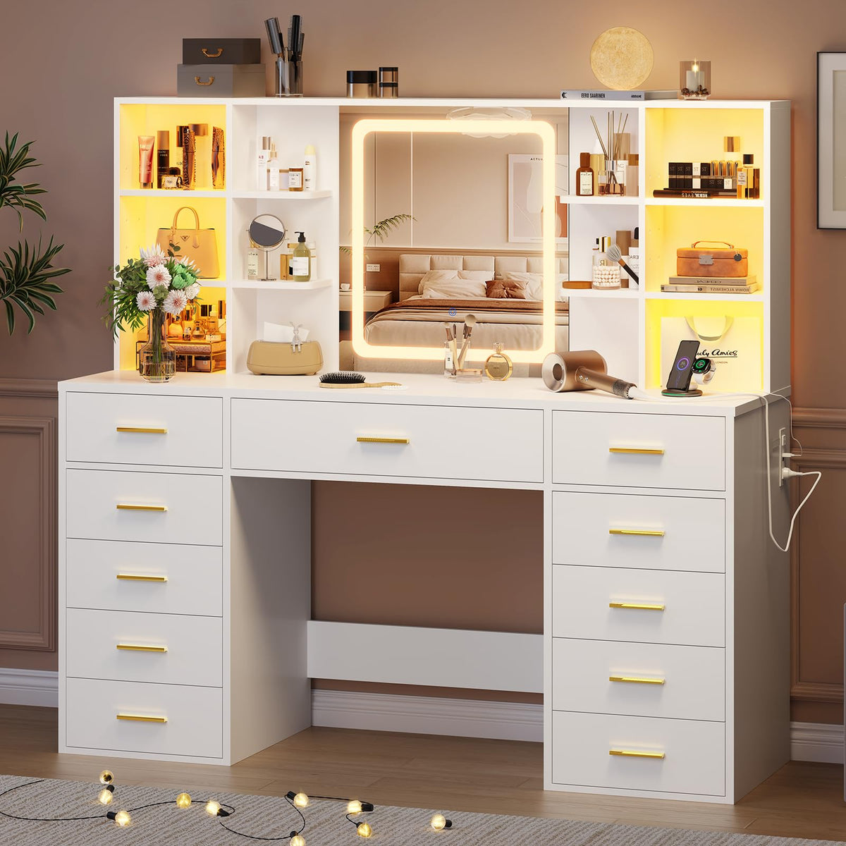 55" Extra-Wide White Makeup Vanity Desk with Lighted Mirror & 11 Drawers K997