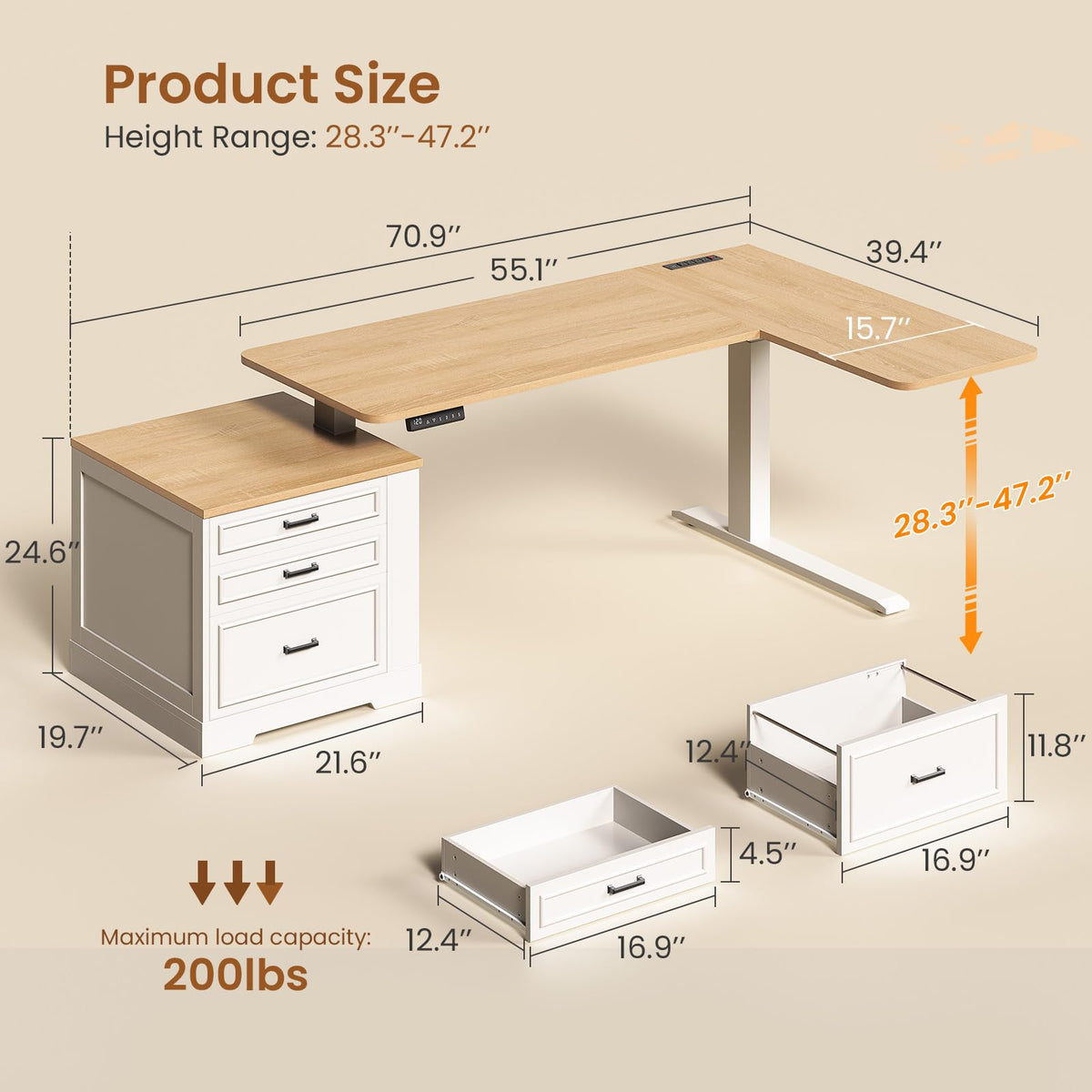 L Shaped Height Adjustable Standing Desk with 3 Drawers T492