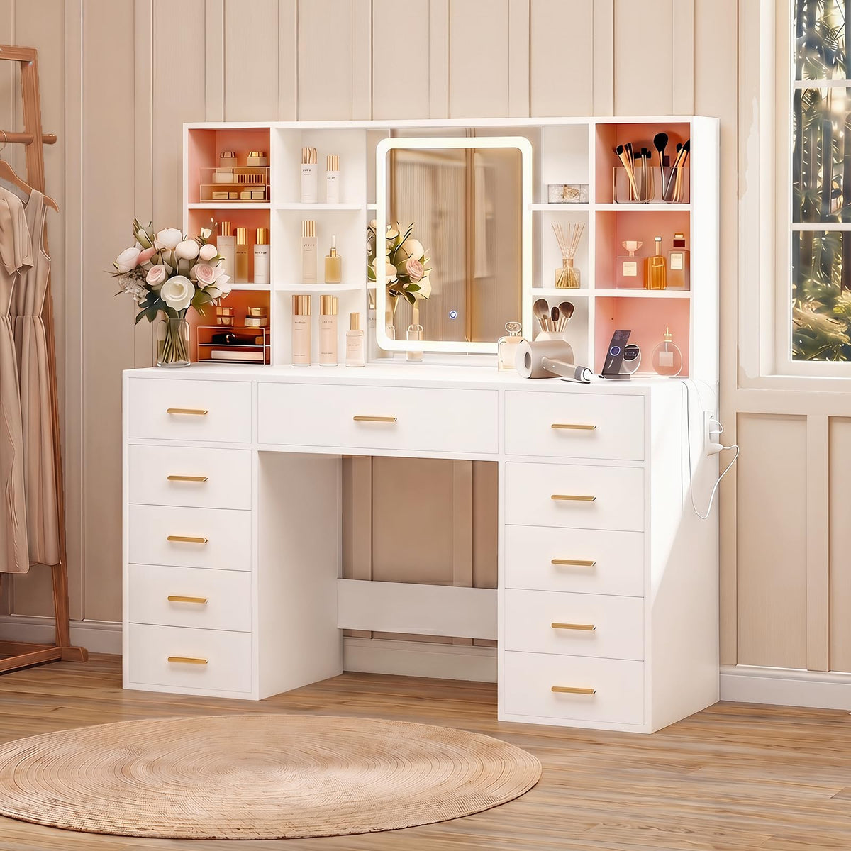 55" Extra-Wide White Makeup Vanity Desk with Lighted Mirror & 11 Drawers K997