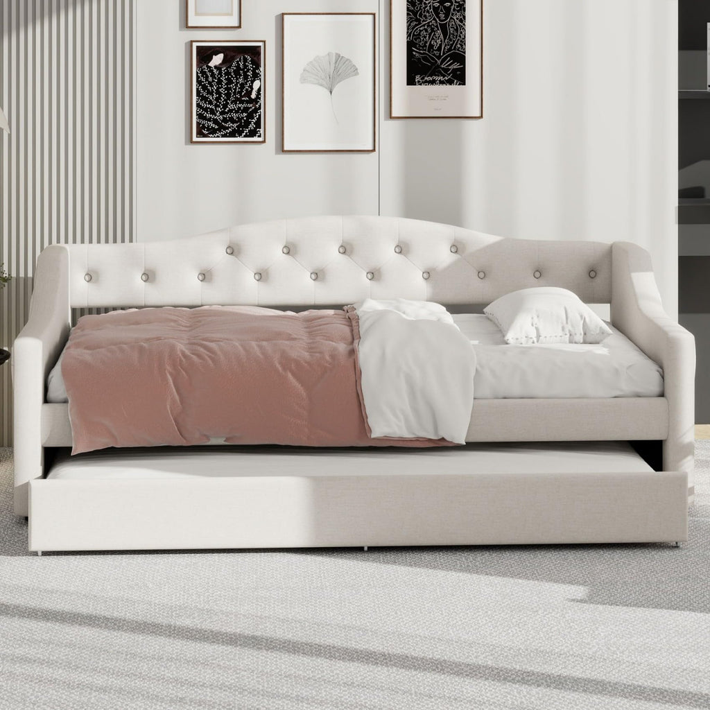 White Twin Size Linen Upholstered Daybed with Trundle B21457