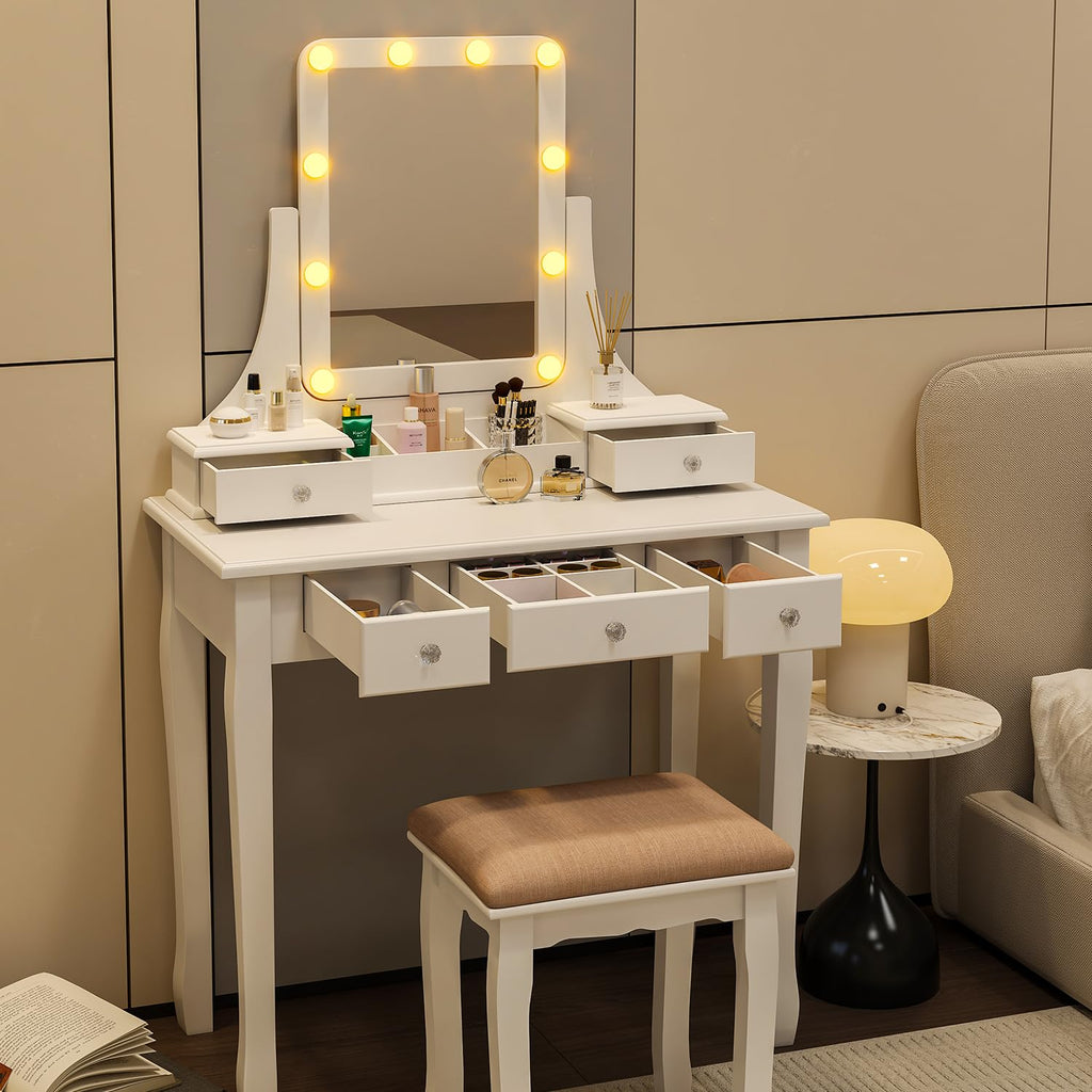 Vanity Desk with Mirror and Lights and Stool Set V804528