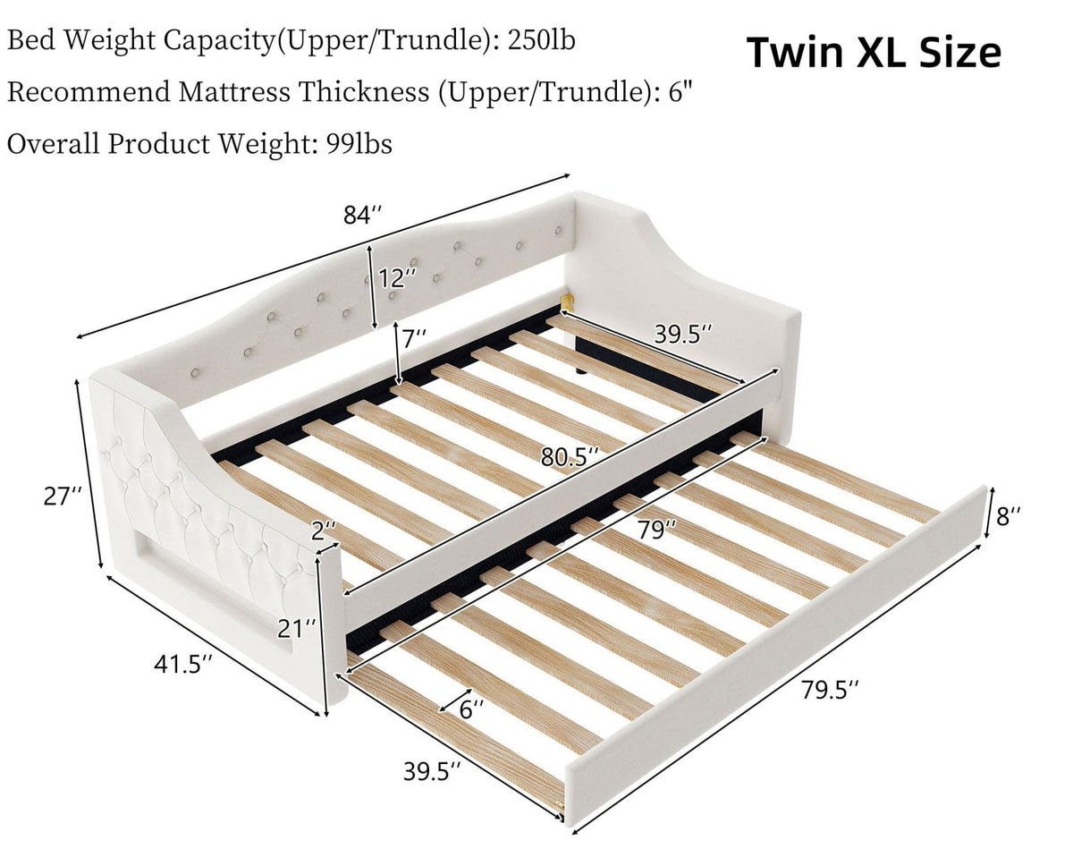 White Twin Size Linen Upholstered Daybed with Trundle B21457