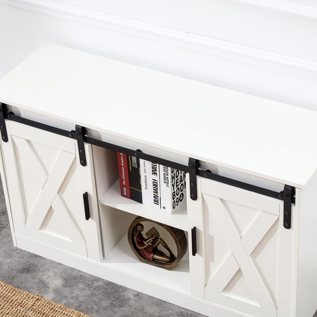 White Farmhouse TV Stand with Sliding Barn Door and Storage Cabinets A373