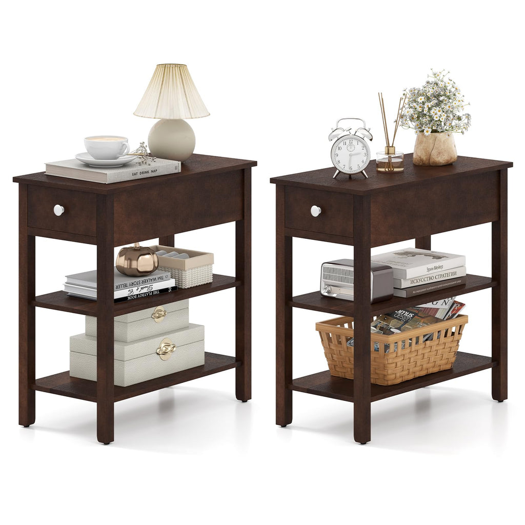 Narrow End Table Set of 2 Wood 3-Tier M2834