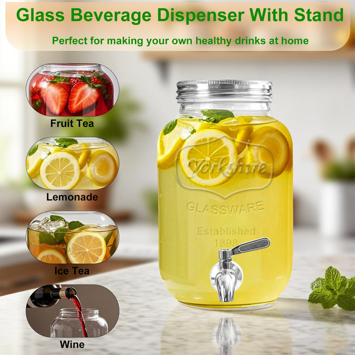 1 Gallon Glass Drink Dispenser with Stand and Spigot, 2 Pack K97215