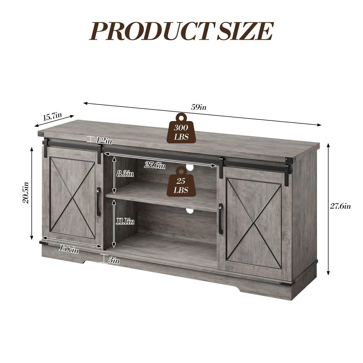 59" Farmhouse TV Stand with Sliding Barn Doors & Adjustable Shelves, Gray P5734