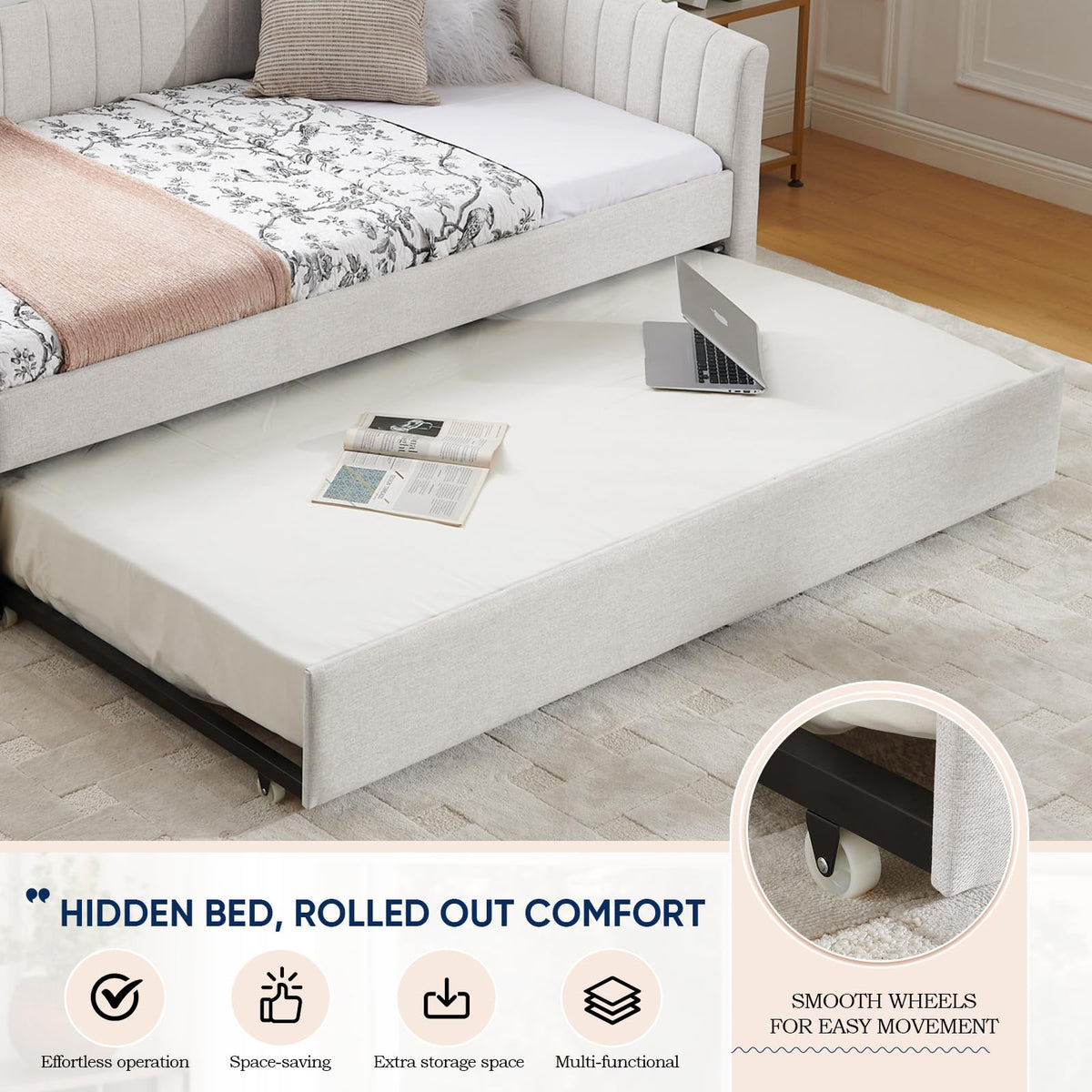 Beige Linen Twin Size Daybed with Trundle Z1891