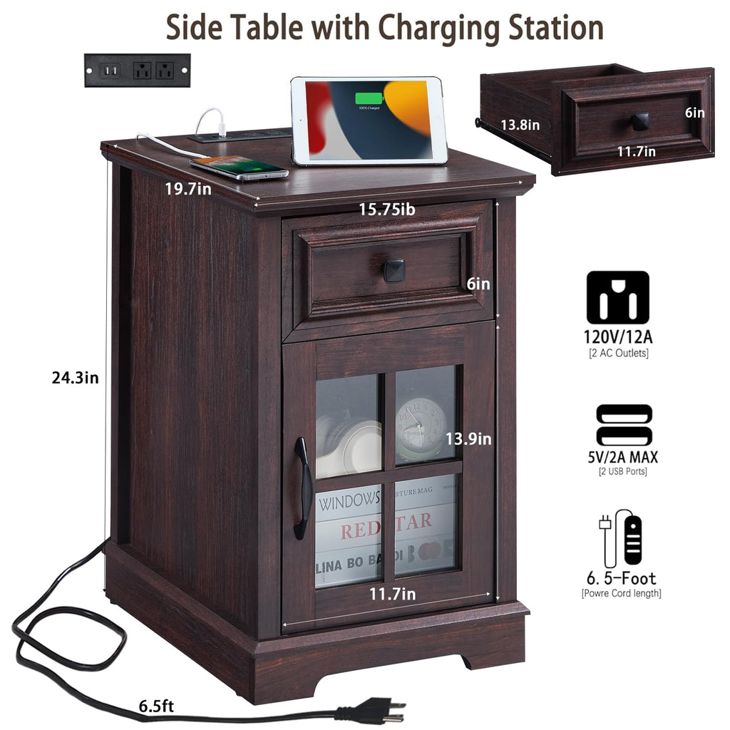 Cherry Side Table with Charging Station V595