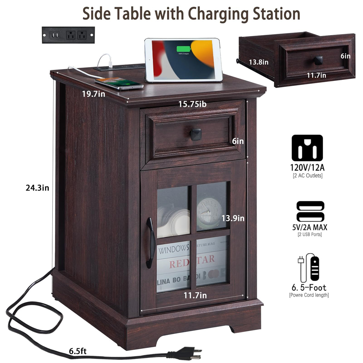 Cherry Side Table with Charging Station V595