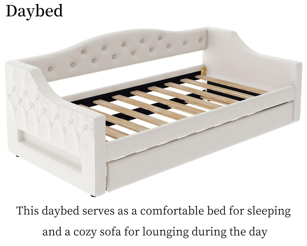White Twin Size Linen Upholstered Daybed with Trundle B21457