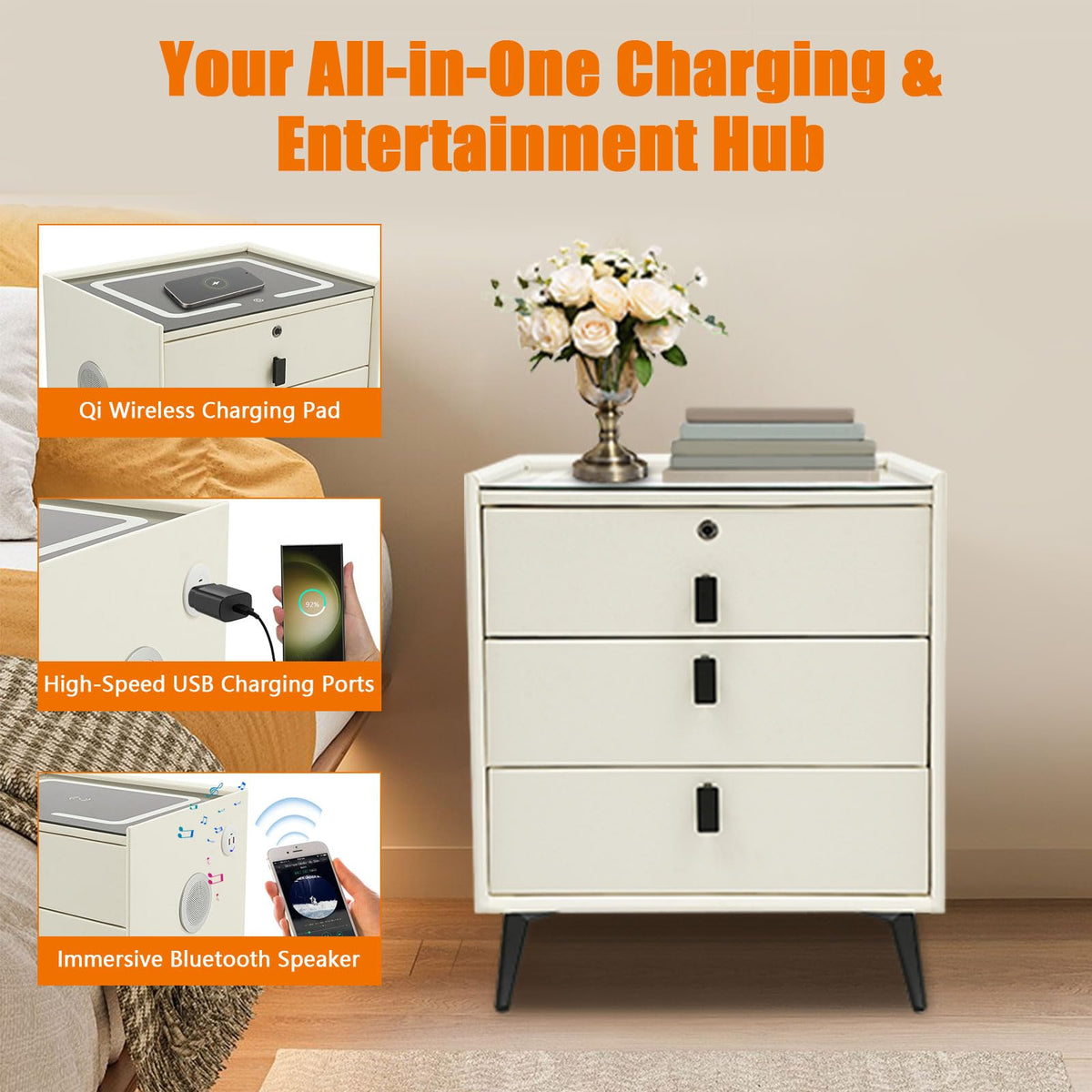 Beige White Smart LED Nightstand with USB Charging C601291