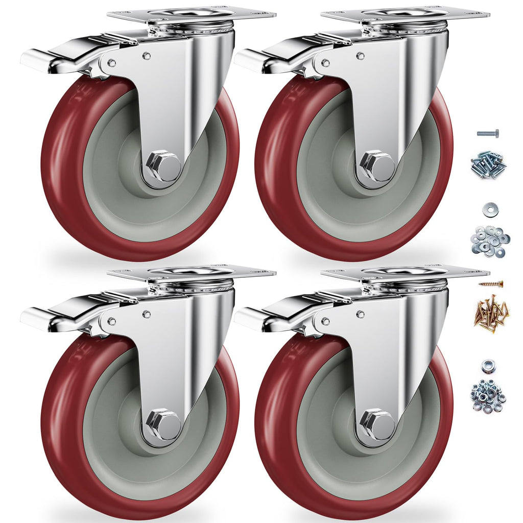 5" Heavy Duty Plate Casters with Brake, Set of 4 B209475