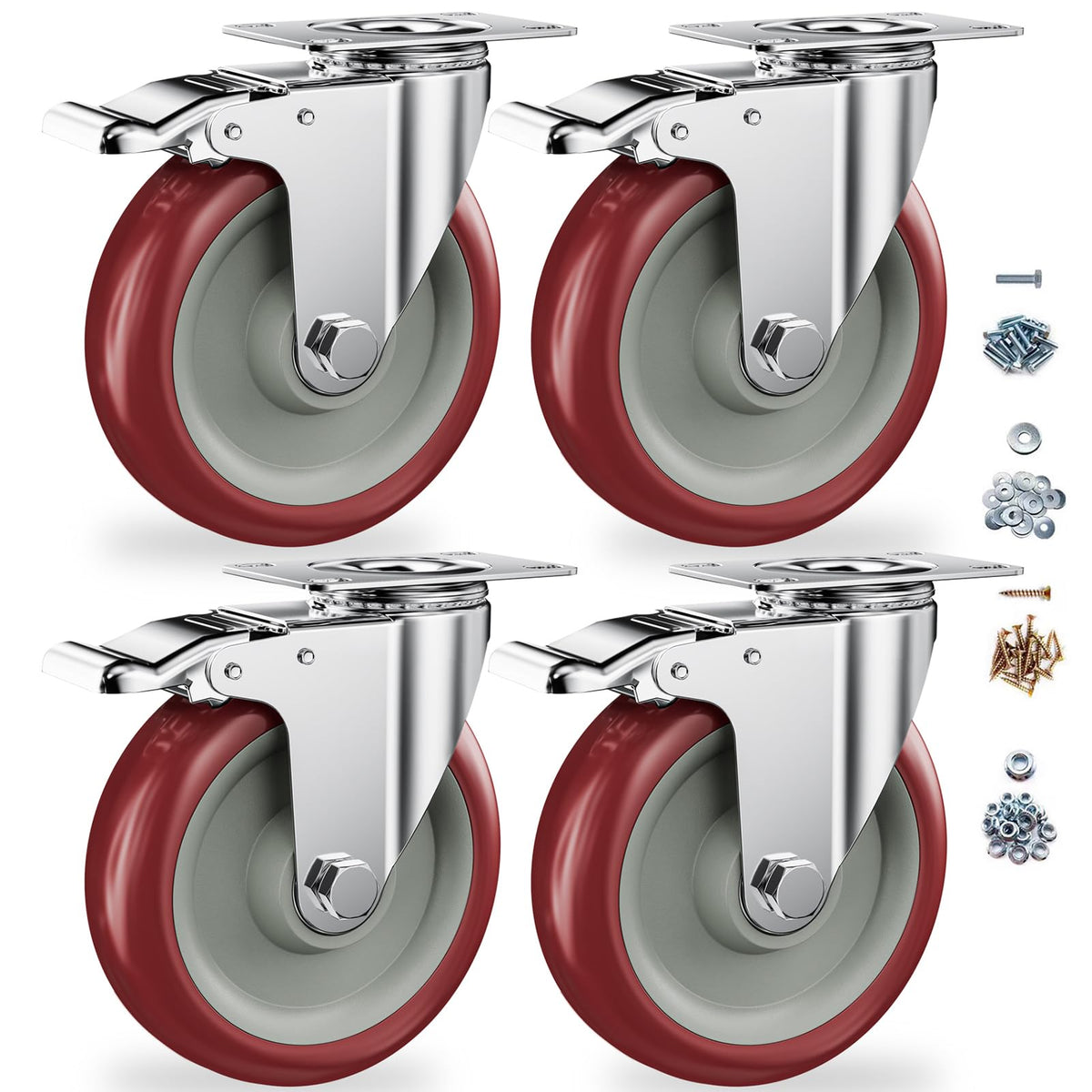 5" Heavy Duty Plate Casters with Brake, Set of 4 B209475