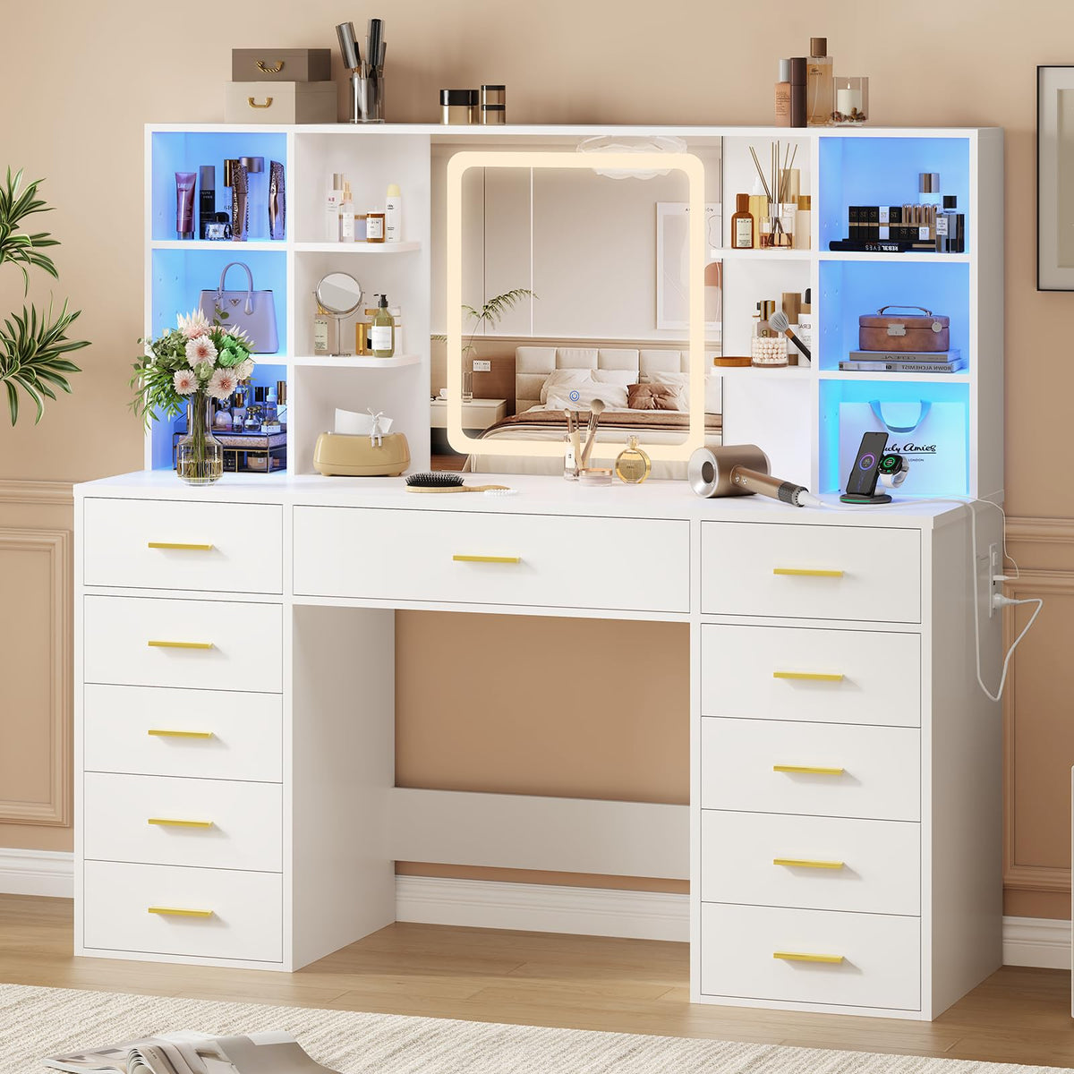 55" Extra-Wide White Makeup Vanity Desk with Lighted Mirror & 11 Drawers K997