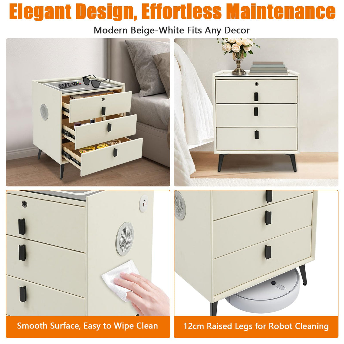 Beige White Smart LED Nightstand with USB Charging C601291