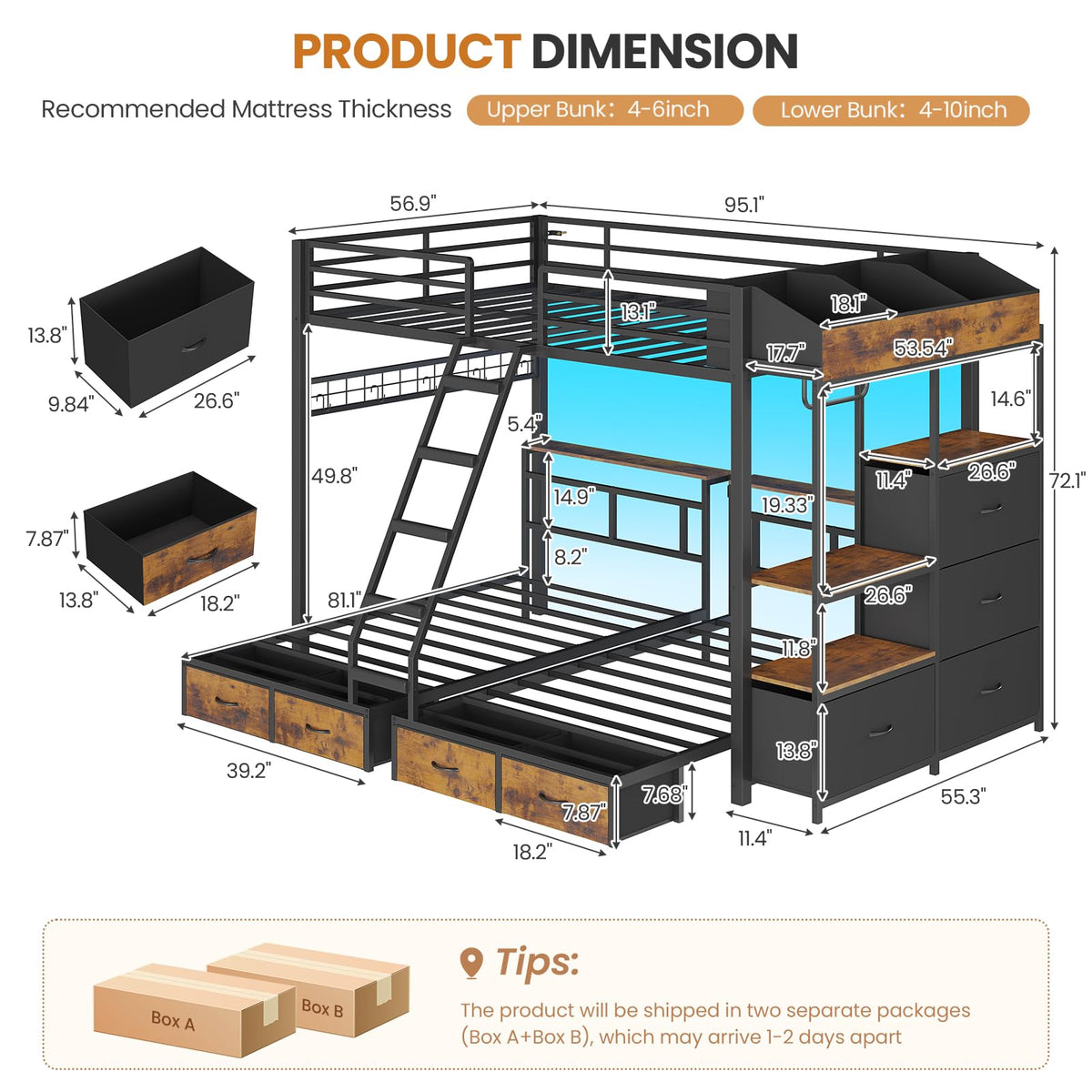Black Triple Bunk Bed with 8 Storage Drawers and Stair V25739