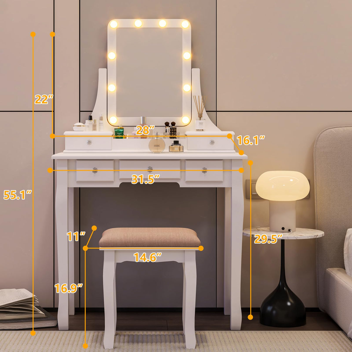 Vanity Desk with Mirror and Lights and Stool Set V804528