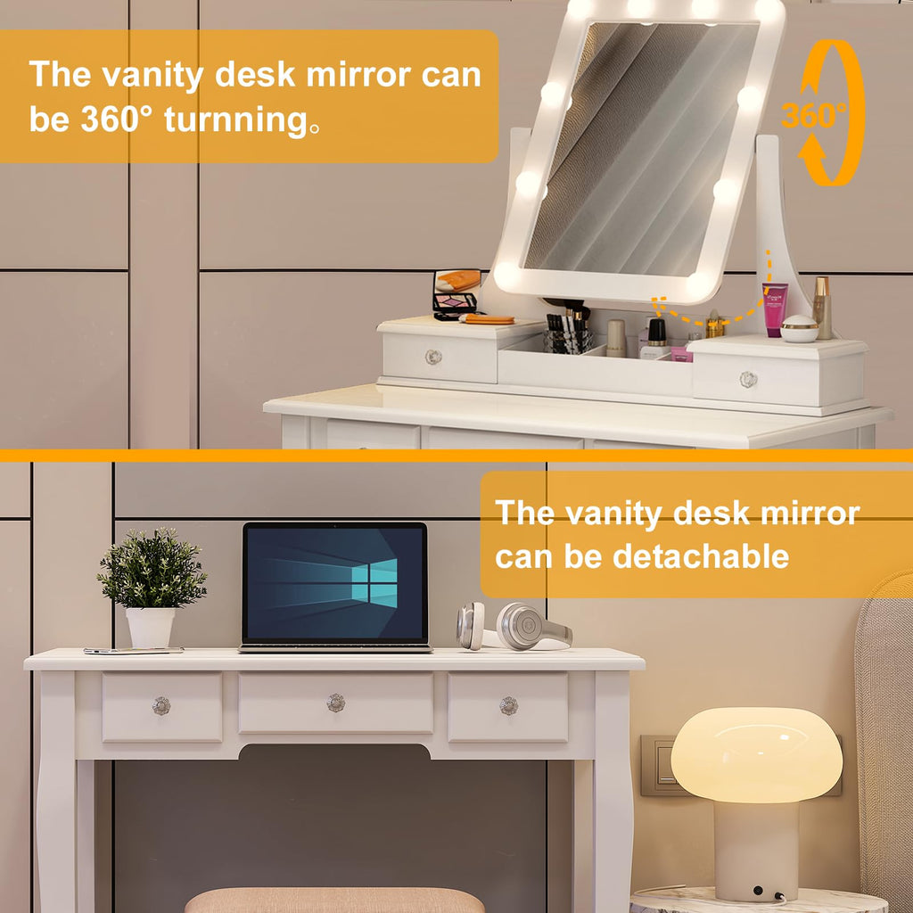 Vanity Desk with Mirror and Lights and Stool Set V804528