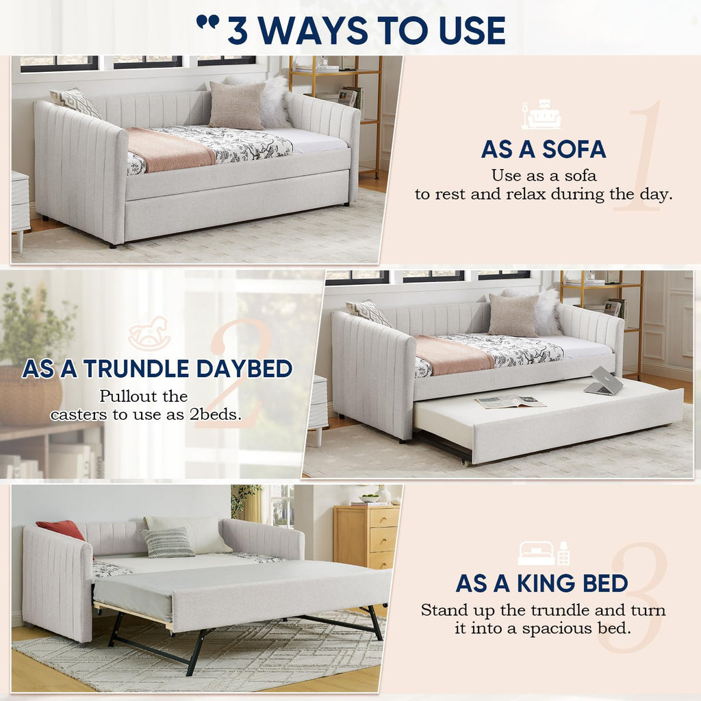Beige Linen Twin Size Daybed with Trundle Z1891