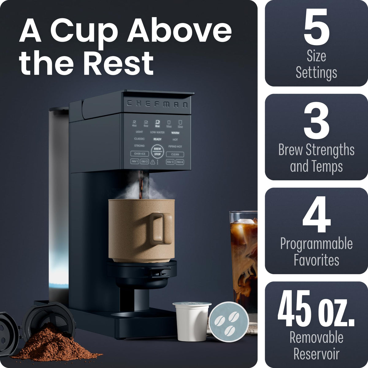 Single Serve Coffee Maker with Brew Strength Settings, 45 oz Removable Water Reservoir M541