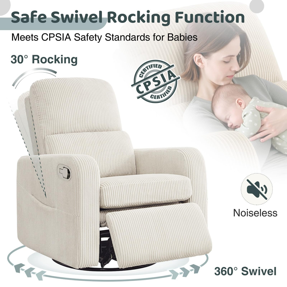 Oversized Corduroy Swivel Rocker Recliner Chair F533577