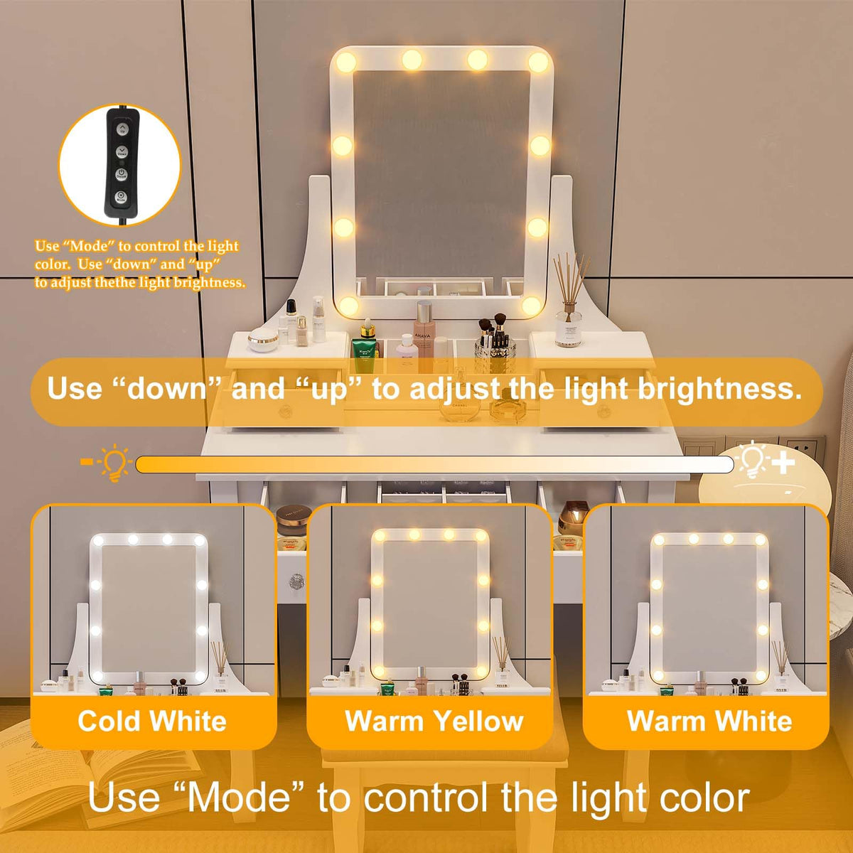 Vanity Desk with Mirror and Lights and Stool Set V804528