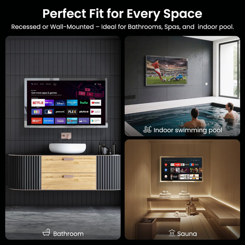 32" 4K Ultra HD Smart Bathroom Mirror TV, IP66 Waterproof, Wall Mounted K92107