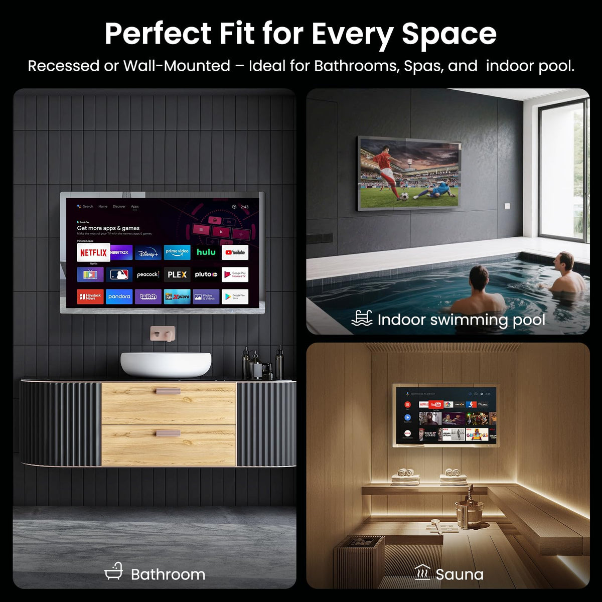 32" 4K Ultra HD Smart Bathroom Mirror TV, IP66 Waterproof, Wall Mounted K92107