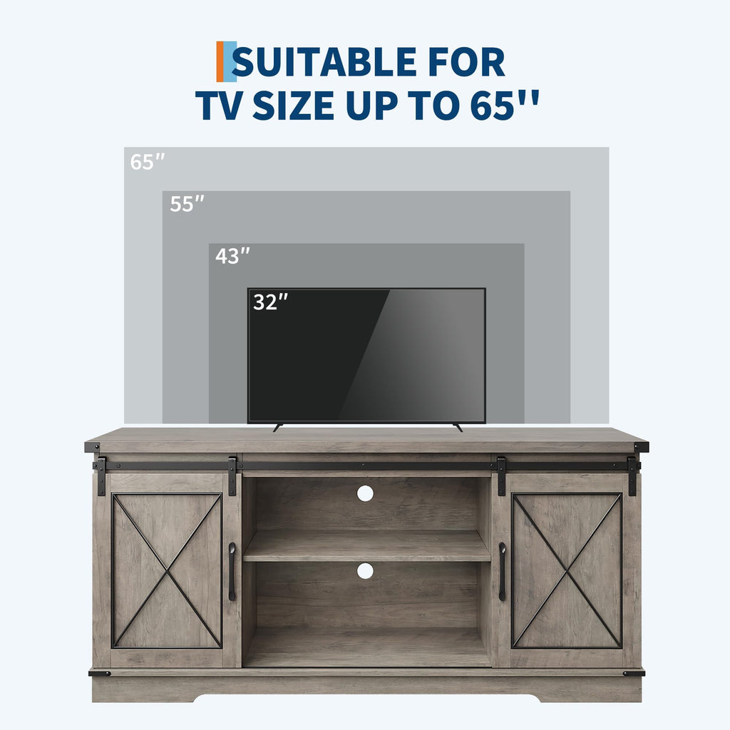 Farmhouse TV Stand with Sliding Barn Doors and Storage Cabinets, Grey P8467