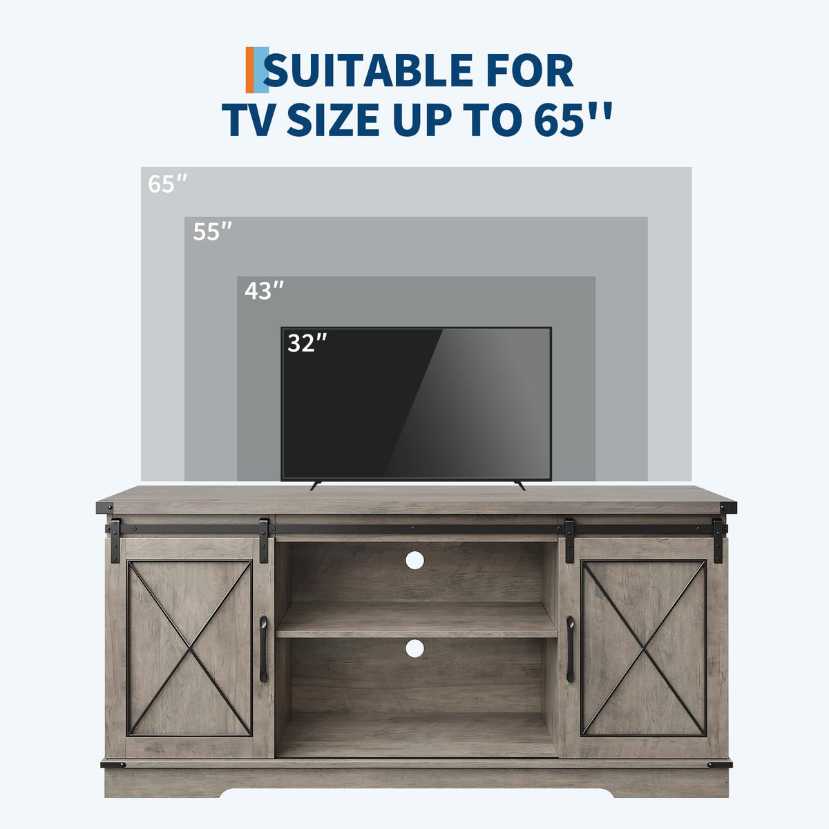 Farmhouse TV Stand with Sliding Barn Doors and Storage Cabinets, Grey P8467